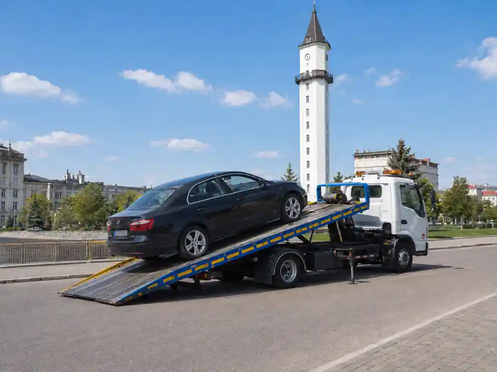 Эвакуатор с краном-манипулятором поднимает повреждённый автомобиль